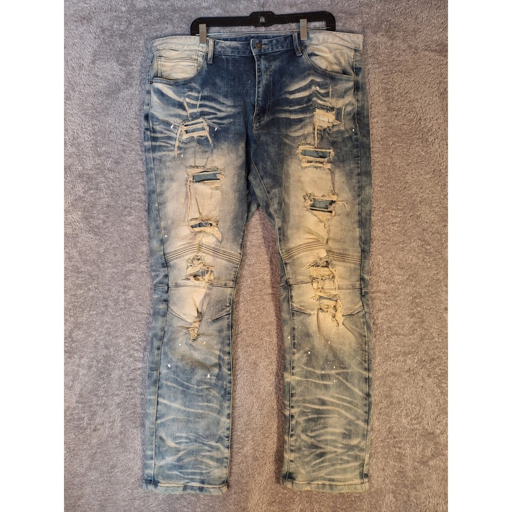 SMOKE RISE DENIM CO Mens Jeans 40x32 Blue Distressed Moto Ripped Splatter Grunge - Picture 1 of 16